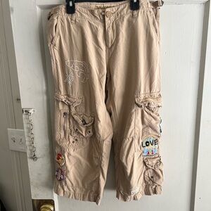 Beige Embroidered Cargo Capris with Patches